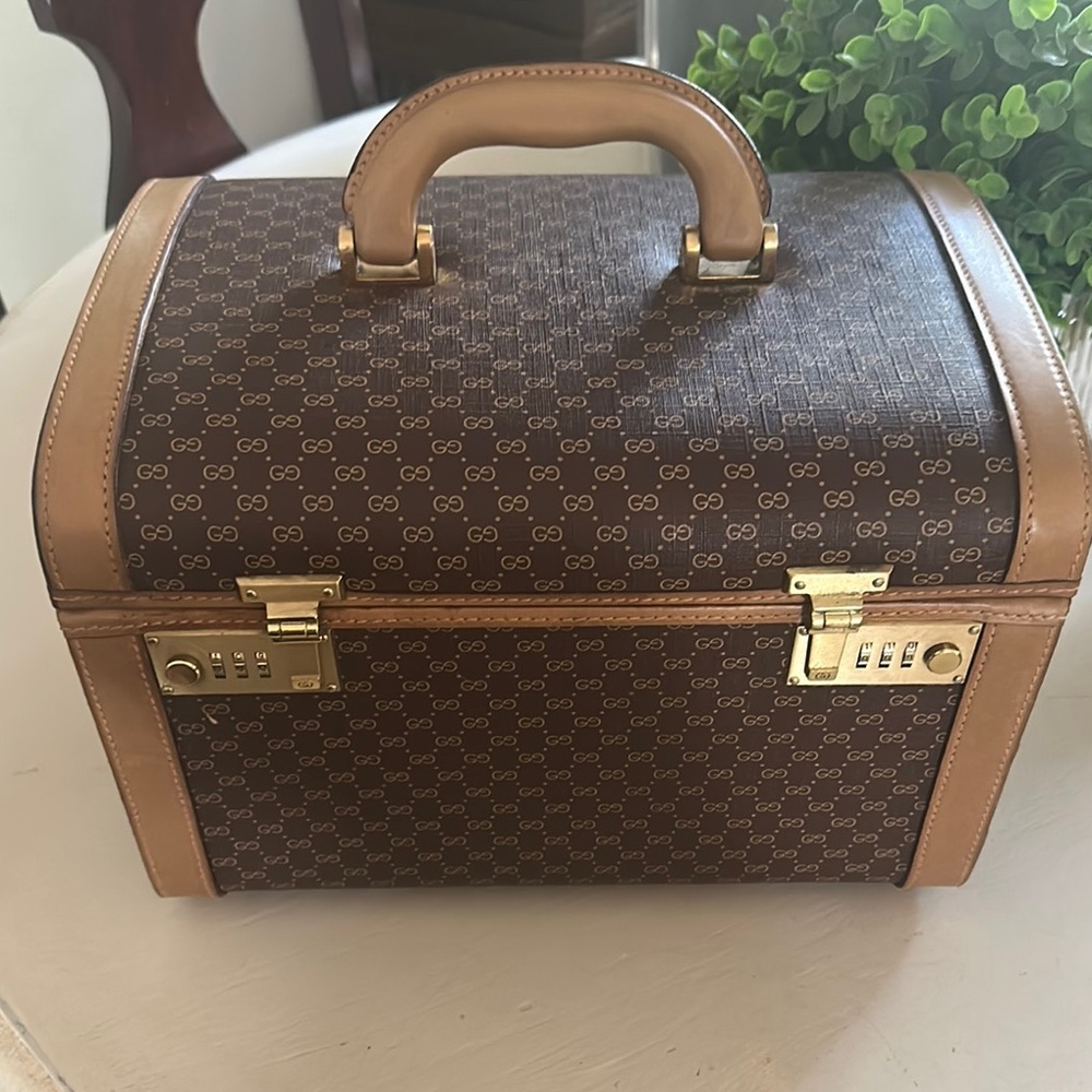GUCCI Brown Tan Monogram Travel Vanity Train Case Luggage locks Micro GG Rare